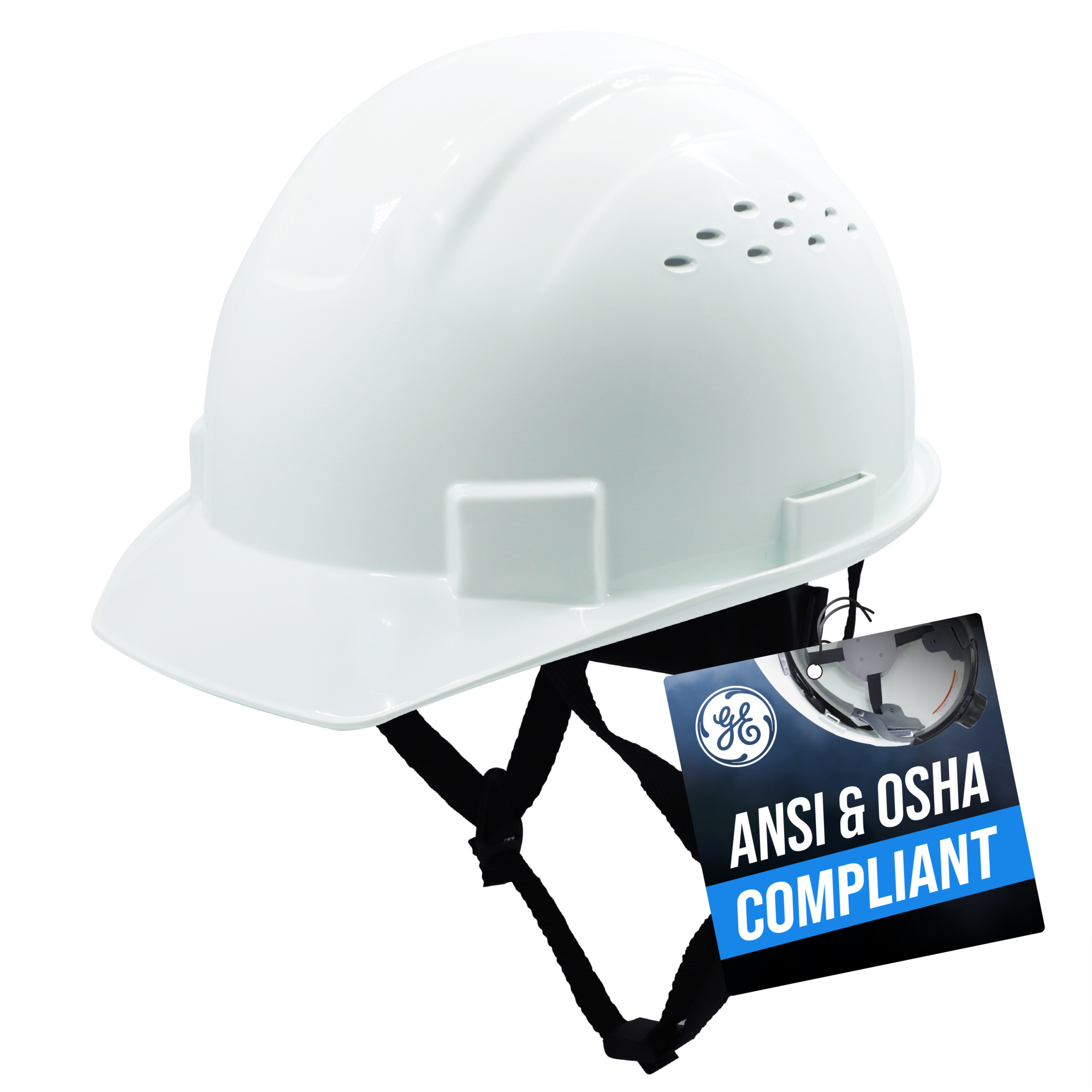 General Electric, Hard Hat Safety Helmet, Vented, One Size, White, Model# GH326W